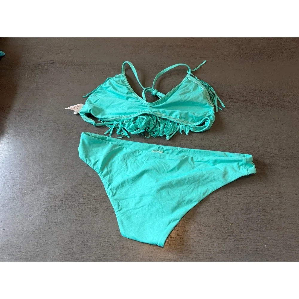 NEW green fringed  L  SPACE two piece swimsuit bikini   size large - Picture 2 of 2